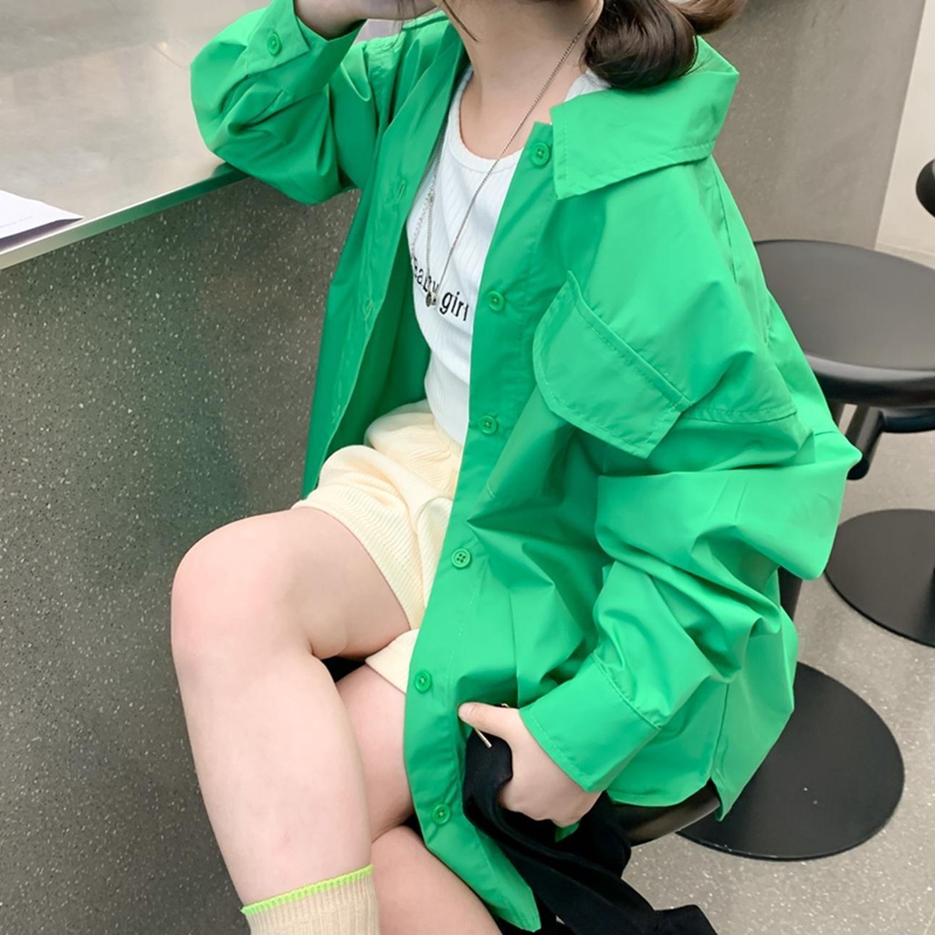ชุดเด็กผู้หญิง-เสื้อเชิ้ตแขนยาว-ความยาวปานกลาง-ทรงหลวม-สีเขียว-แฟชั่นฤดูใบไม้ผลิ-และฤดูใบไม้ร่วง-สไตล์เกาหลี-สําหรับเด็ก-2023