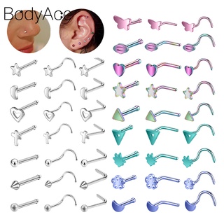 Bodyace 1 ชิ้น หลากสี สตั๊ดจมูก L I Shpe แหวนจมูก สเตนเลส เจาะจมูก ต่างหูผีเสื้อ