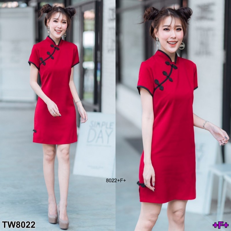 b8022-dress-ชุดเดรสคอจีนแขนสั้น-ติดกระดุมจีนเฉียงไหล่-dress-chinese-collar-short-sleeve-dress-chinese-buttoned-on-the-sh