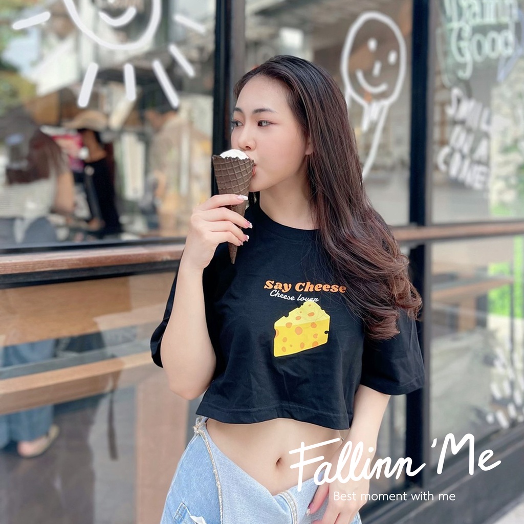 fallinnme-เสื้อcrop-top-say-cheese-ขาว