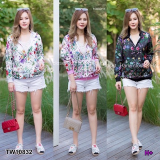 TW10832 Jacket #สาวอวบ เสื้อแจ็คเก็ตแขนยาว ซิปหน้า ใส่คลุมกันหนาว กันลม กันฝุ่น เอวิติ้งเลยจร้าา เนื้อผ้าดีพิมพ์ลายดอกไม