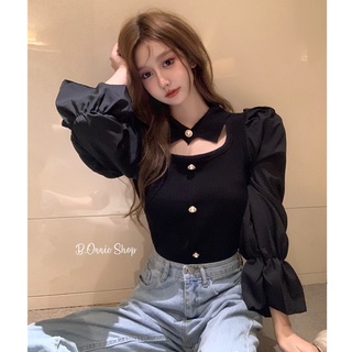 พร้อมส่ง เสื้อโปโลคอปก แขนยาว มีระบายช่วงข้อมือ มี 2 สี เสื้อผ้านำเข้า สไตล์เกาหลี #A026