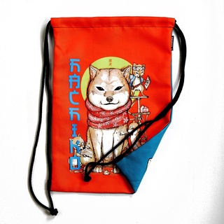 กระเป๋าหูรูด ลาย แมวกวัก ฮะจิโกะ หน้าหลัง ผ้าแคนวาส พกพาง่าย / Hachiko / Maneiki Neko Front-Back Drawstring bag Canvas