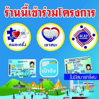 A13 ป้ายไวนิล ป้ายโครงการ "เราชนะ" ม.33 บัตรสวัสดิการแห่งรัฐ คนละครึ่ง ขนาด 45*45 ซม. หน้าเดียว พับขอบตอกตาไก่ ภาพคมชัด