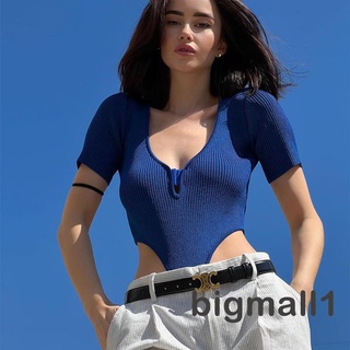 Bigmall- ชุดบอดี้สูทลําลอง คอวี แขนสั้น สีพื้น สําหรับผู้หญิง