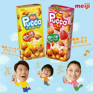 Meiji "Pucca" Chocolate / Strawberry Flavor, Japan Snack ขนมสอดไส้ พุคคา สตรอว์เบอร์รี และช็อกโกแลต ยอดฮิตจากประเทศญี่ปุ