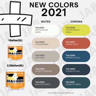 สี TOA 4SEASON NEW COLORS 2021 ขนาด 1Gallon (3L) สำหรับภายนอกและใน สีน้ำอะคริลิกแท้ 100% คุณภาพสูง ฟิล์มยึดเกาะดีเยี่ยม