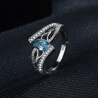 แหวนแต่งงาน ชุบแพลทินัม ประดับเพชร สีฟ้าทะเล สําหรับผู้หญิง