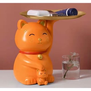 Orange Lucky Cat แมวนำโชค และลูกตัวน้อย ถือถาด porch lucky cat แมวประดับ ที่เก็บเครื่องประดับ กุญแจ   ตกแต่งสำนักงาน