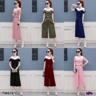 Set 2 ชิ้น เสื้อแขนกุดเว้าไหล่+กางเกงหกส่วน TW6761