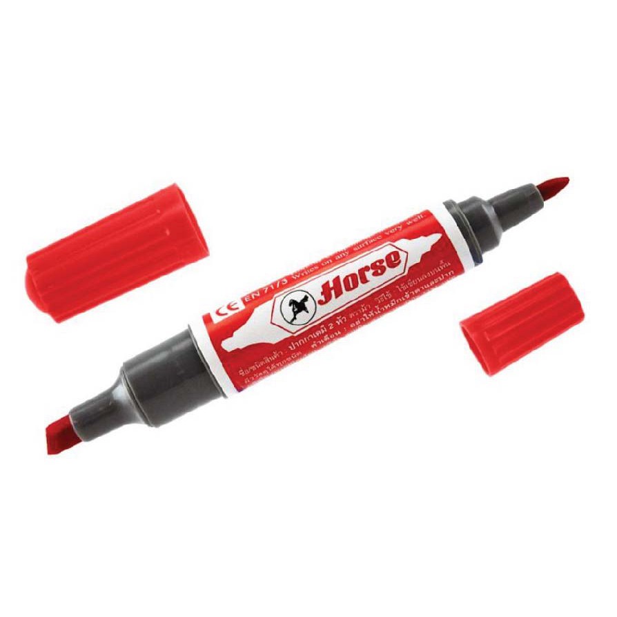 1ด้าม-ปากกาเคมี-2-หัว-ตราม้า-สีนํ้าเงิน-แดง-ดำ-หมึกถาวร-horse-twin-tip-permanent-marker