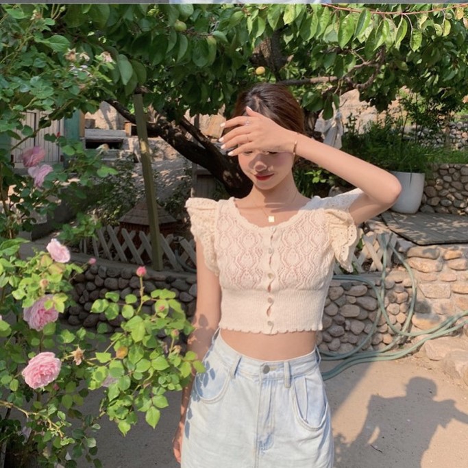 เสื้อไหมพรมถักสีครีมแขนแต่งระบาย-เสื้อน่ารัก-เสื้อไหมพรม