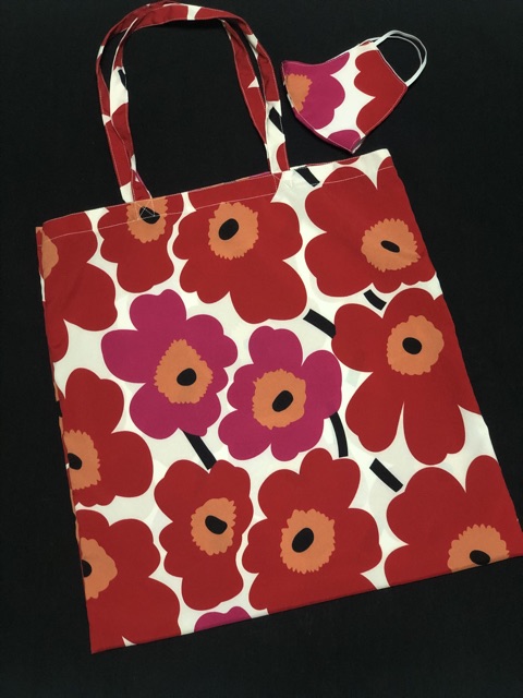 เซทกระเป๋าผ้าสายยาว-marimekko-แมสผ้า-ดอกชมพูแดง