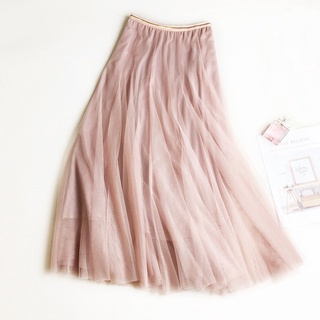 Korean summer elastic waist mid length slim mesh skirt shaggy skirt gauze skirt