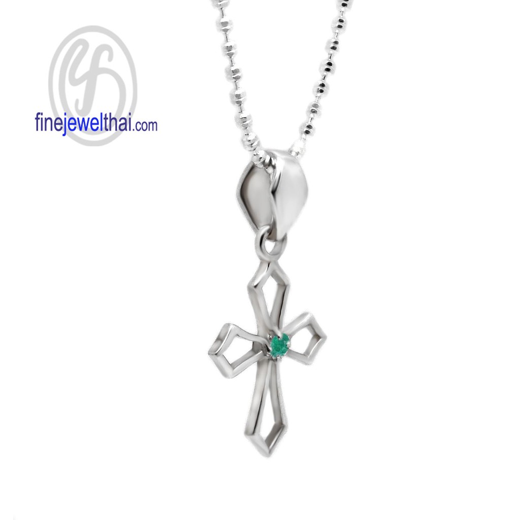 finejewelthaiจี้มรกต-เงินแท้-จี้ไม้กางเขน-พลอยประจำเดือนเกิด-emerald-pendant-silver-p1120em