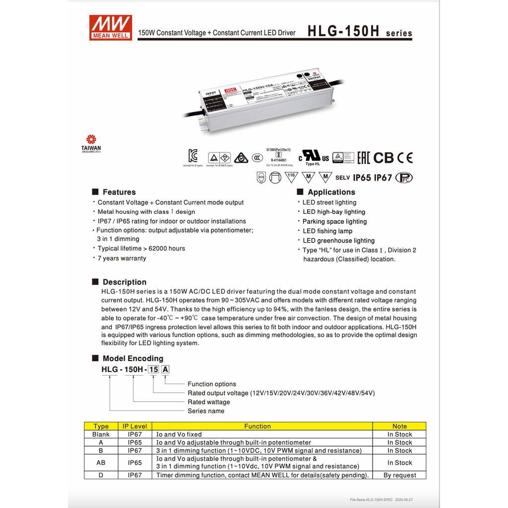 hlg-150h-24-6-3amp-23vdc-151-2w-เพาเวอร์ซัพพลาย-ยี่ห้อมินเวล-แอลอีดีไดรเวอร์-ip67-รุ่นกันน้ำ