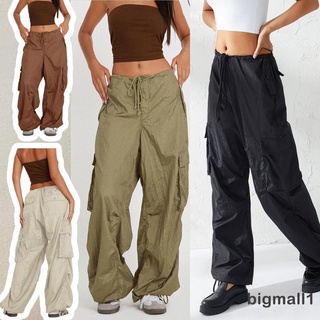 Bigmall- กางเกงผู้หญิง เอวต่ํา เชือกรูด หลายกระเป๋า ทรงหลวม ตรง กางเกงสตรีท ลําลอง