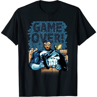 เสื้อยืดเสื้อยืดโอเวอร์ไซส์เสื้อยืด ผ้าฝ้ายแท้ พิมพ์ลาย Marvel Punisher Game Over Pixelated 90s คุณภาพสูงS-3XL