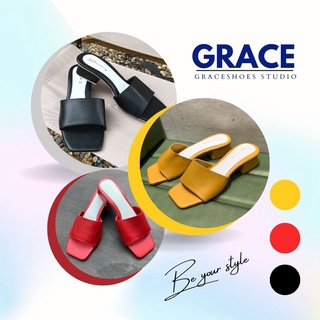 GRACE คาดนิ่ม รองเท้าแตะส้นสูง 1.5 นิ้ว  ไซส์ 36-45 รองเท้าแฟชั่นไซส์ใหญ่ 41-45 หนังนิ่ม สีเหลืองเข้ม แดงสด