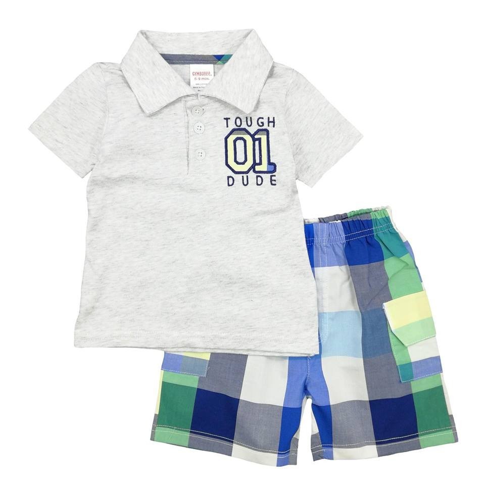 เสื้อผ้าเด็กผู้ชาย-เสื้อโปโลแขนสั้นสีเทาพร้อมกางเกงลายสก็อต-size18-เดือน-สินค้าลดราคา-พร้อมส่ง