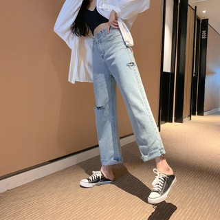 เช็ครีวิวสินค้ากางเกงยีนส์ เอวสูง ขาบานแบบขาดๆ สไตล์เกาหลี กางเกงยีนส์ขายาว สวยๆเก๋ๆ