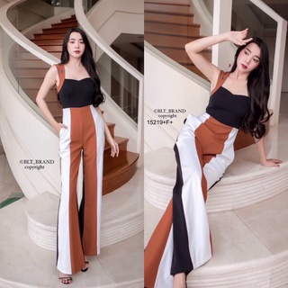 TW15219Jumpsuit จั้มสูท แขนกุด ขายาว อกเว้า งานแต่งผ้าตัดต่อสลับสี เก๋ๆ