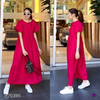 TW14331 Maxi Dress เดรสยาว คอกลมกระดุมหลัง แขนตุ๊กตาพองๆสไตล์โคเรีย เย็บตัดต่อใต้อกทรงโอเวอร์ไซส์ ใส่สบาย ผ้าลินิน