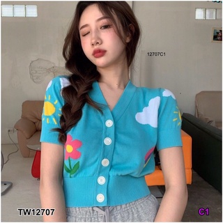 TW12707  เสื้อไหมพรมแขนสั้น กระดุมหน้า งานไหมพรมพิมลายสวย งานใส่น่ารักๆ พร้อมส่ง รอบอก 32-40" ยาว 18"