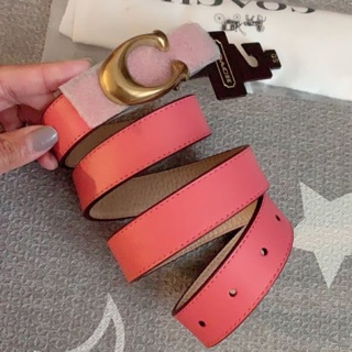 (ผ่อน0%) เข็มขัด หนังแท้ สีส้มอ่อน กลับด้านได้ SCULPTED SIGNATURE REVERSIBLE BELT (COACH 40119) /BRIGHT CORAL/BEECHWOOD