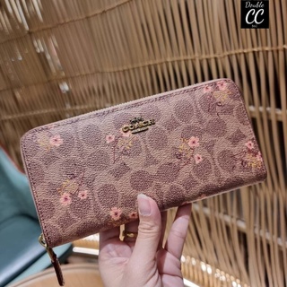 (แท้ 💯%‼ Factory) CO ACH 67245 ACCORDION ZIP WALLET IN SIGNATURE CANVAS WITH FLORAL BOW PRINT