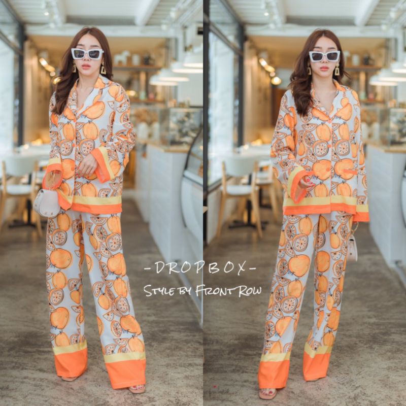 dropbox-orange-juice-pajamas-set-เสื้อเชิ้ตคอวีทรงปล่อยมาคู่กับกางเกงขาบานเอวสม็อก