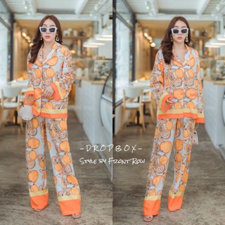 DROPBOX: Orange Juice Pajamas Set เสื้อเชิ้ตคอวีทรงปล่อยมาคู่กับกางเกงขาบานเอวสม็อก