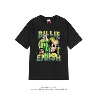 เสื้อยืดผ้าฝ้ายพิมพ์ลาย เสื้อยืดผู้ชายพิมพ์ลายHigh street retro ตัวอักษร Billie Eilish hip-hop rapper พิมพ์เสื้อยืดแขนสั