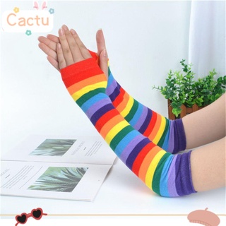 Cactu ถุงมือถัก ยาวถึงข้อศอก อบอุ่น ลายทาง สีรุ้ง เหมาะกับหน้าหนาว ฮาโลวีน สําหรับผู้หญิง