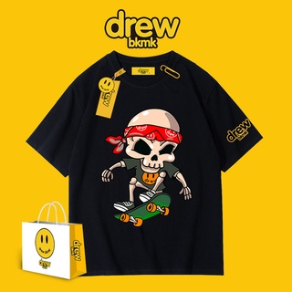 bh Drew เสื้อยืดแขนสั้นพิมพ์ลายหน้ายิ้มหน้ายิ้มสไตล์วินเทจทรงหลวม