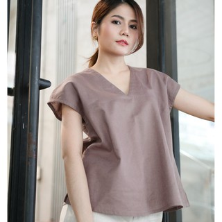 Candith - เสื้อแขนสั้น คอวี ผ้าลินินธรรมชาติ ใส่สบาย - Pinkish Brown