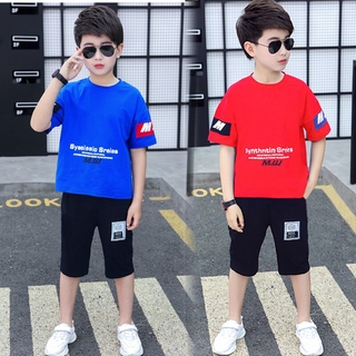 เด็กผู้ชายชุดเสื้อผ้า5-11ปีจดหมายเสื้อยืดพิมพ์ลาย + กางเกงขาสั้นแฟชั่นฤดูร้อนเสื้อผ้ากีฬา