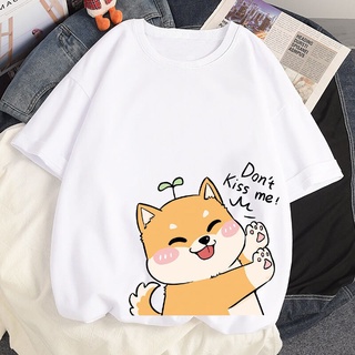 เสื้อยืดเสื้อท็อปลายแมวสีชมพูสไตล์ฮาราจูกุ Kawaii Shiba Inu Tops Ulzzang