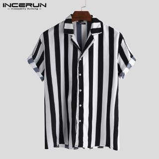 สินค้า INCERUN เสื้อแขนสั้นพิมพ์ลายทางลำลองสำหรับผู้ชาย