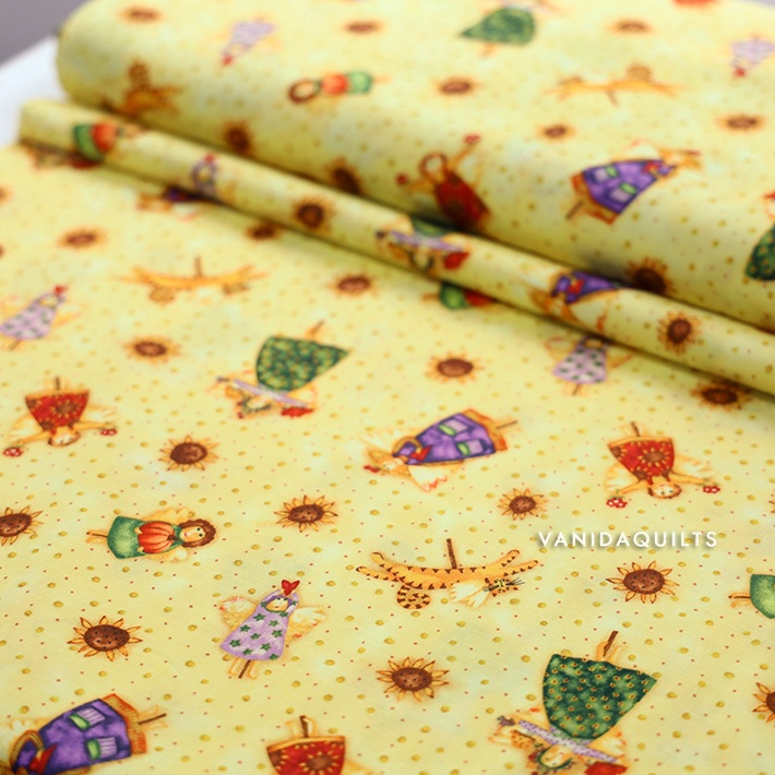 ผ้าคอตตอนอเมริกานำเข้า-ขนาด-1-2-หลา-45x110cm-ผ้าคอตตอนแท้-cotton-100-ลายตุ๊กตาดอกทานตะวันพื้นเหลือง-harvestangels05