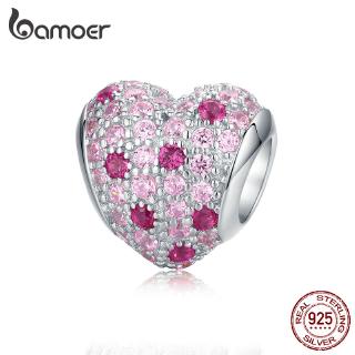 BAMOER รูปหัวใจออกแบบลูกปัดพอดีต้นฉบับเสน่ห์กำไลข้อมือ DIY หินสีชมพูแท้ 925 เงินสเตอร์ลิง
