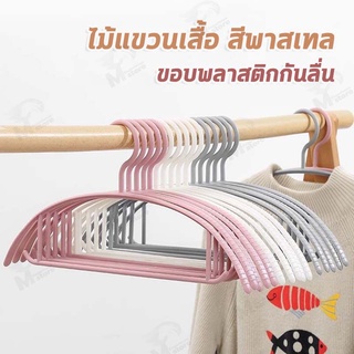 สินค้า [ร่องกันลื่น] ไม้แขวนเสื้อพลาสติก ไม้เเขวนขอบกันลื่น รุ่นกันลื่น สีพาทเทล ที่แขวนเสื้อยืดหยุ่นได้ พร้อมส่ง