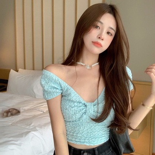เสื้อยืด แขนสั้น คอวี แต่งจับจีบ เข้ารูป โชว์สะดือ เซ็กซี่ สีพื้น สไตล์เกาหลี
