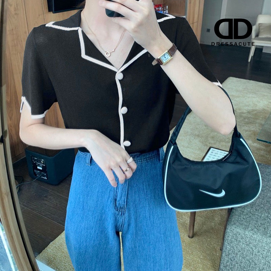 ใหม่ล่าสุด-9390-เสื้อไหมพรมแขนสั้น-คอปก-กระดุมหน้า-สไตล์เกาหลี