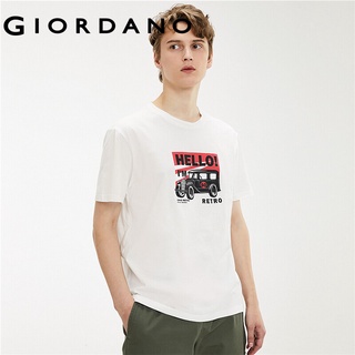 Giordano Men T-Shirts Chic Retro Theme Printed Tshirts Ribbed Crewneck Cotton Stylish Fashion Short Sleeves Durable Tee