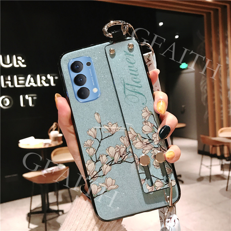 เคสโทรศัพท์-oppo-reno-4-4g-thailand-version-flowers-bling-glitter-soft-tpu-with-wrist-band-and-adjustable-crossbody-lanyard-phone-case-for-reno4-2020-new-casing