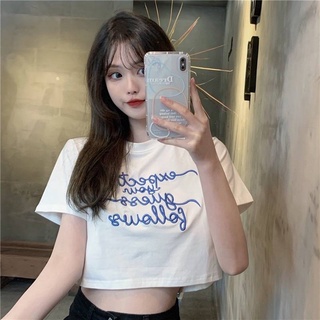 Triple A💕 Crop top Women Short-sleeved T-shirt Letter embroidered slim short high-waisted top