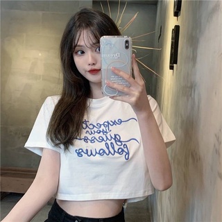 ภาพหน้าปกสินค้าTriple A💕 Crop top Women Short-sleeved T-shirt Letter embroidered slim short high-waisted top ซึ่งคุณอาจชอบสินค้านี้