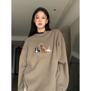 เสื้อกันหนาวลําลอง ผ้าฝ้าย 100% คอกลม พิมพ์ลายสุนัขอเมริกัน ทรงหลวม แบบบาง สไตล์เรโทร