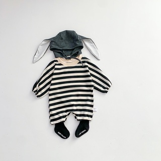ชุดบอดี้สูท รอมเปอร์ แขนยาว ลายทาง + หมวกหูกระต่าย เสื้อผ้าเด็กทารกแรกเกิด เด็กผู้หญิง เด็กผู้ชาย